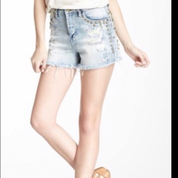 BlankNYC Distressed High Rise Studded Jean Shorts - Picture 2 of 8